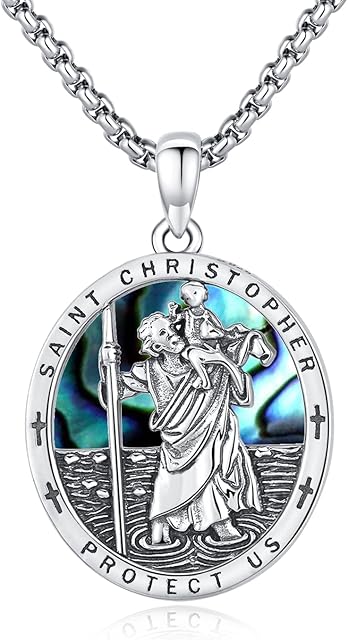 St Christopher Necklace for Men, St Christopher /Jesus Necklace 925 Sterling Silver Antiqued Religious Pendant Men Necklaces Talisman Jewellery Christening Gifts