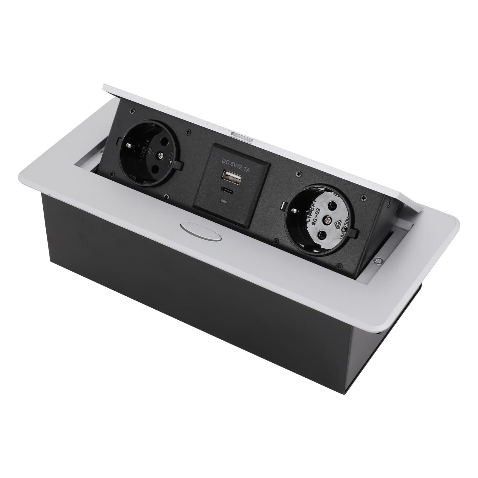 Ciabatta elettrica a scomparsa, 2 prese AC 250 V, 16 A, con USB A e USB C, 5 V, 2,1 A, presa da tavolo, da incasso, 2500 W, per ufficio, cucina, studio, argento