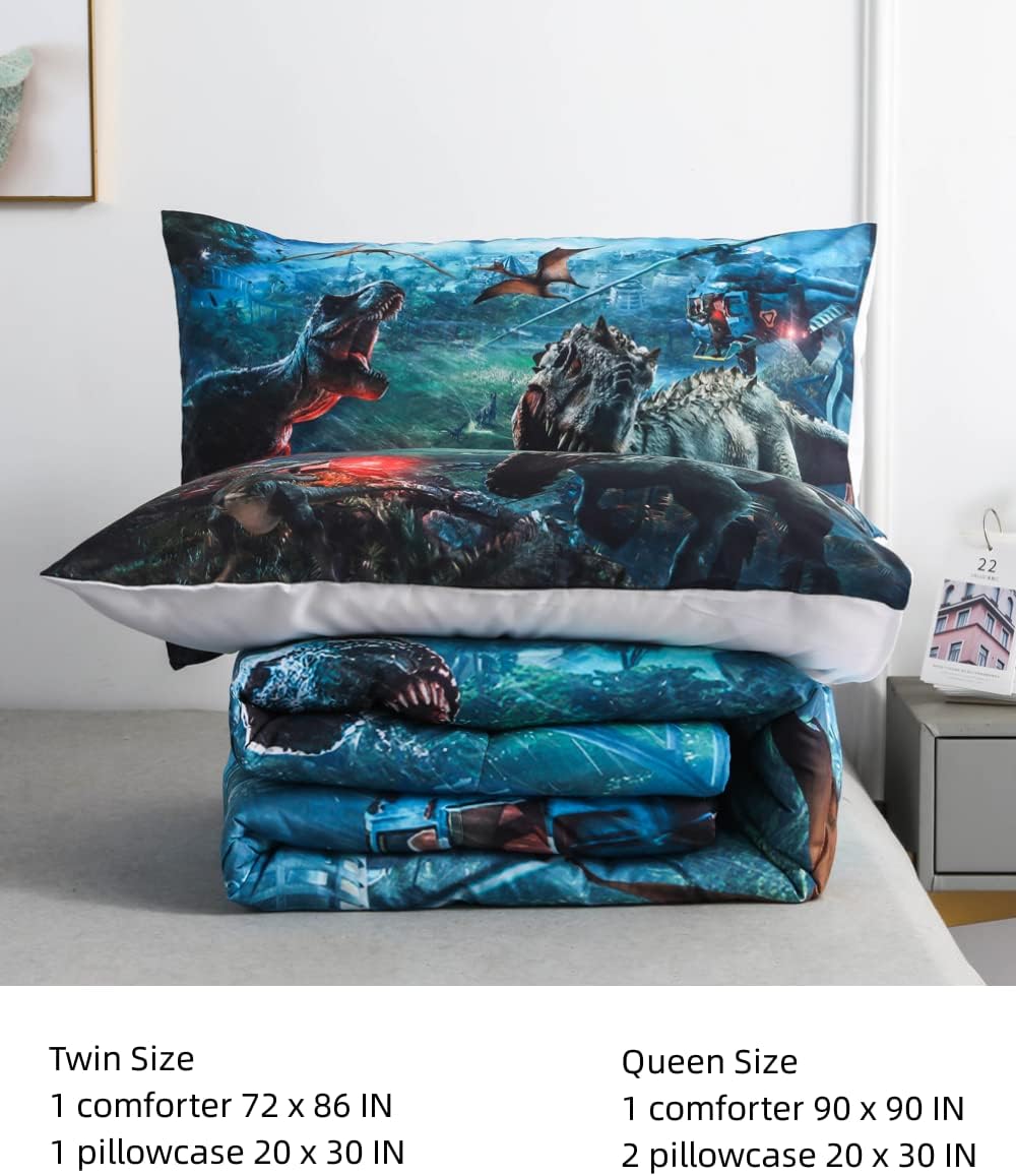 Kids Dinosaur Comforter Set - Twin Size Boys Bed Set - 2PC 3D T-Rex & Triceratops Dinosaur WarBedding (Comforter x 1, Pillowcase x 1)