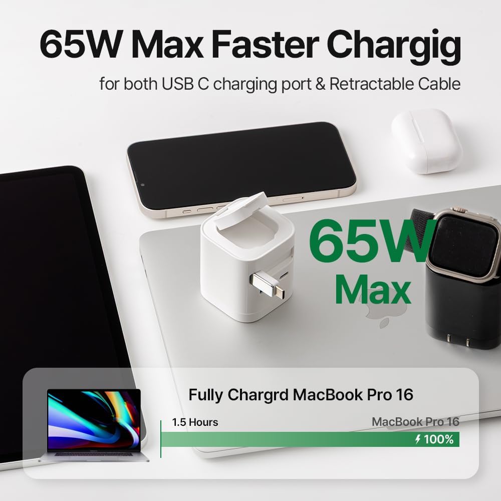 65W Retractable USB C Apple Charging Block with Built-in Apple Watch Charger,Foldable PD Fast Charger Block for iPhone 17 16 Pro Max,MacBook Pro/Air,iPad,iWatch Ultra/SE/10/9/8/7/6/5(White) - Image 3