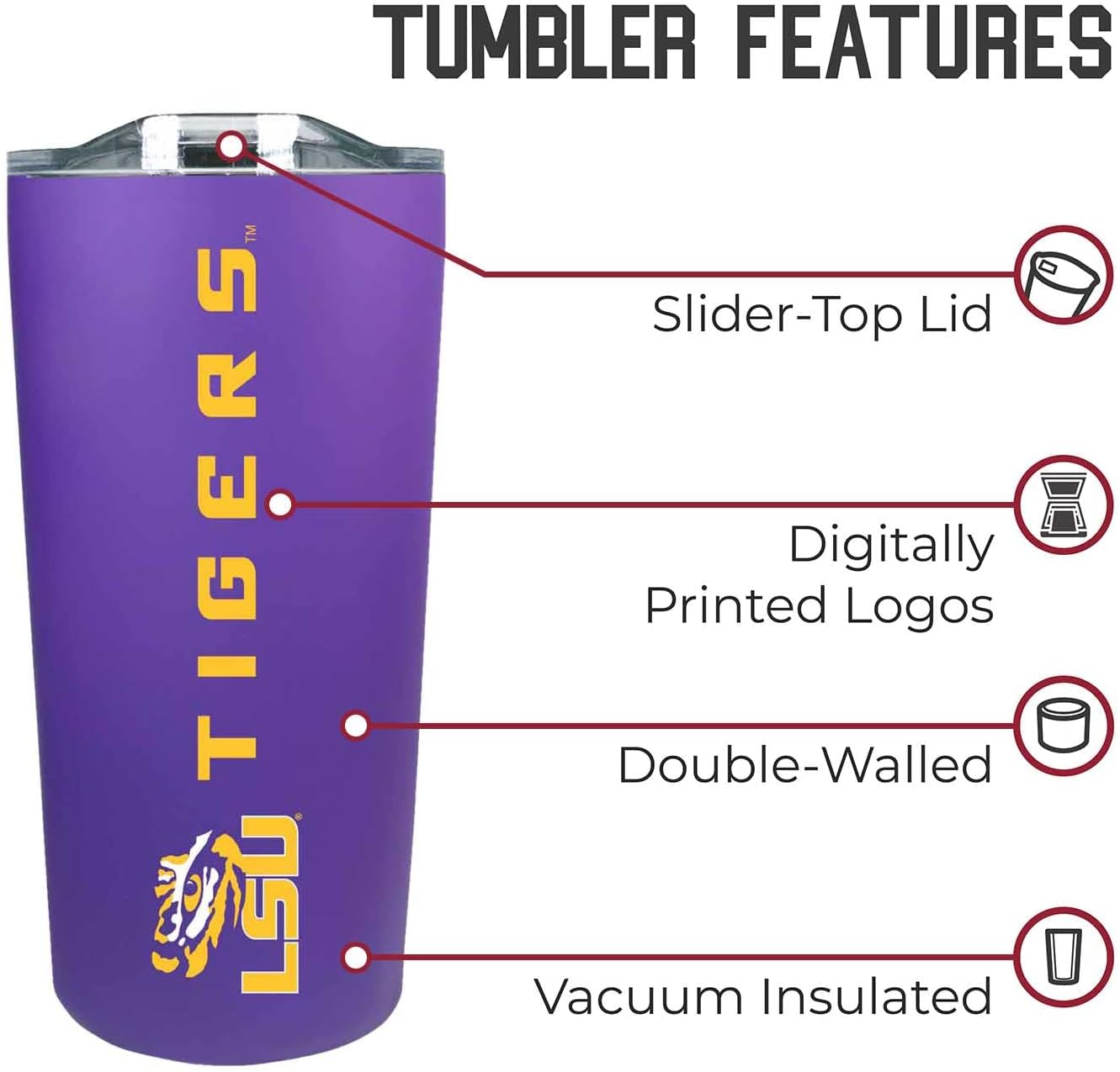 Campus Colors NCAA Stainless Steel Tumbler perfect for Gameday - 18 oz - Double Walled - Keeps Drinks Perfectly Insulated (LSU Tigers - Purple) - Image 5