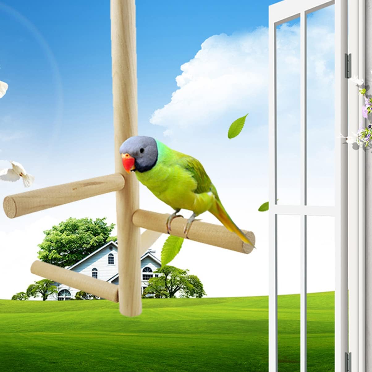 HEMOTON Rotatable Parrot Swing Ladder Toy Natural Wooden Bird Cage Accessory for Parrots Parakeets and Cockatiels Interactive Chewing and Climbing Toy Suitable for Indoor and Outdoor Use image 2