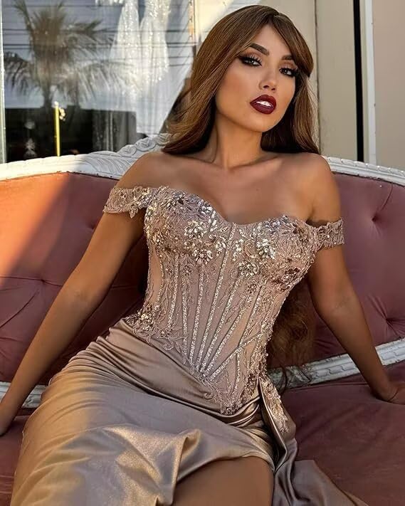 AUMEELAM Sparkly Sequin Off The Shoulder Prom Dress for Women Lace Applique Mermaid Formal Evening Dresses3