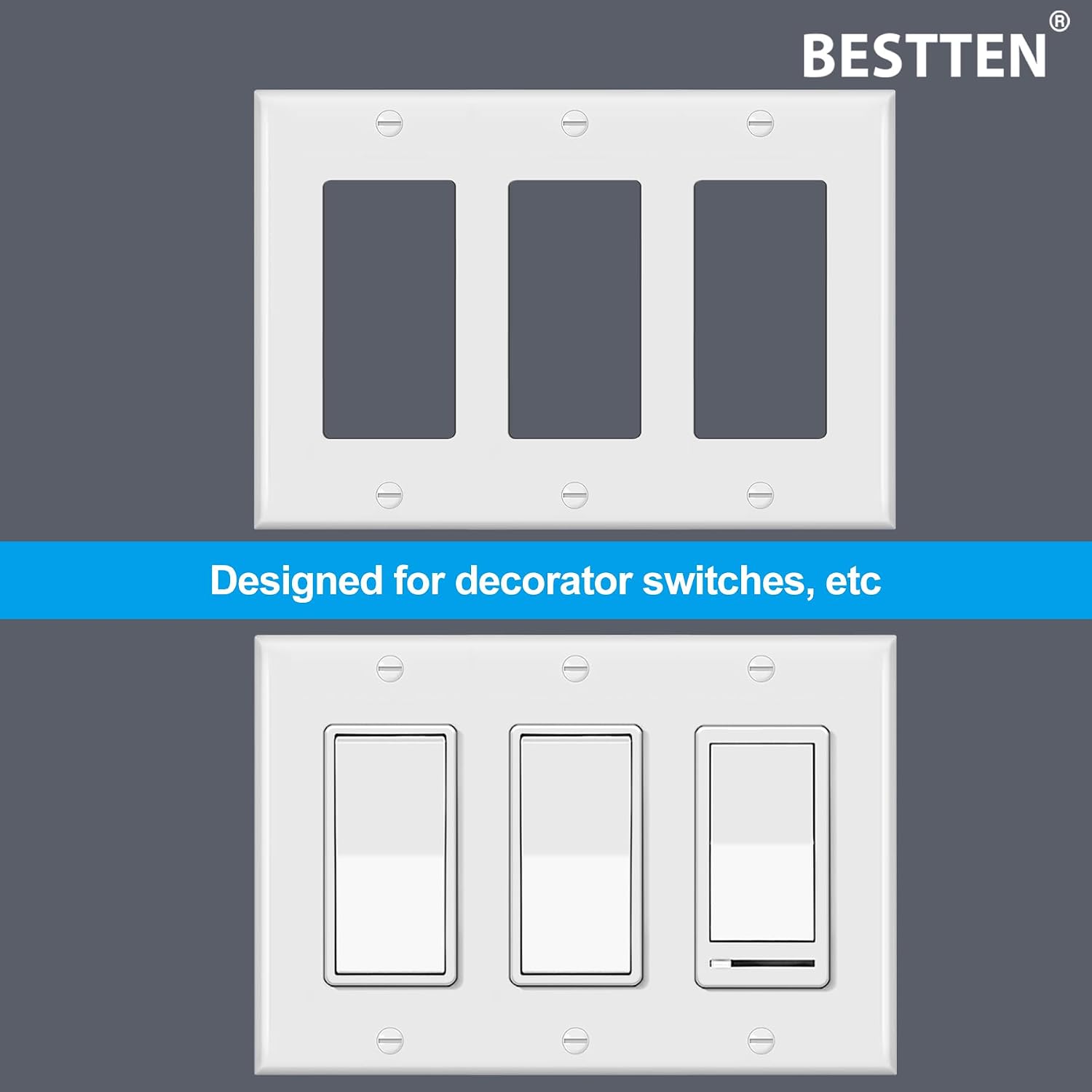 [2 Pack] BESTTEN 3-Gang Decorator Wall Plate, GFCI Outlet and Dimmer Switch Cover with 3 Decorator Openings, Standard Size, H4.53” x L6.38”, Unbreakable Polycarbonate, UL Listed, White
