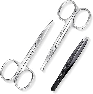 Facial Hair Small Grooming Scissors for Men Women-Curved and Rounded Nose Hair, Eyebrow, Mustache, Eyelashes, Beard Trimming Scissors Kit-Safety Blunt Tip Baby Nail Scissors with Eyebrow Tweezers Set