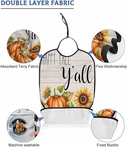 Miniatura 6 de Fall Thanksgiving Pumpkin Adult Bib for Eating with Crumb Catcher,Washable & Waterproof Terry Cloth Adjustable Elderly Women Men Adult Bibs Funny
