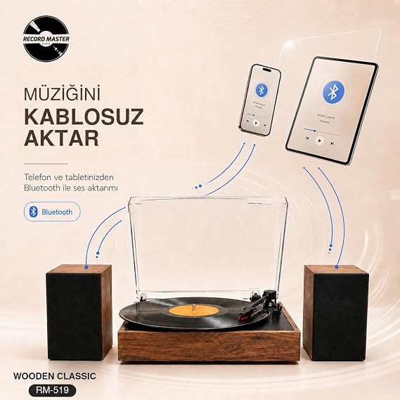 Record Master RM-519 Pikap - Bluetooth Özellkli - 33 ve 45 Devir Plaklar ile Uyumlu - Güçlü Ses