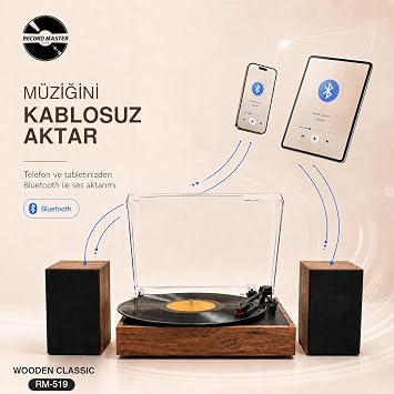 Record Master RM-519 Pikap - Bluetooth Özellkli - 33 ve 45 Devir Plaklar ile Uyumlu - Güçlü Ses