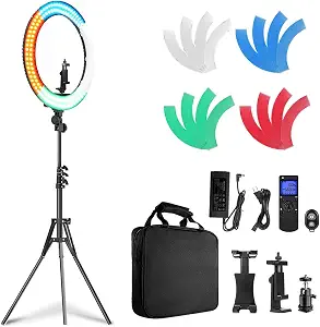 19 inch Ring Light with Remote Controller and Stand, Bi-Color 60W with 4 Soft Filters for Streaming and Photography