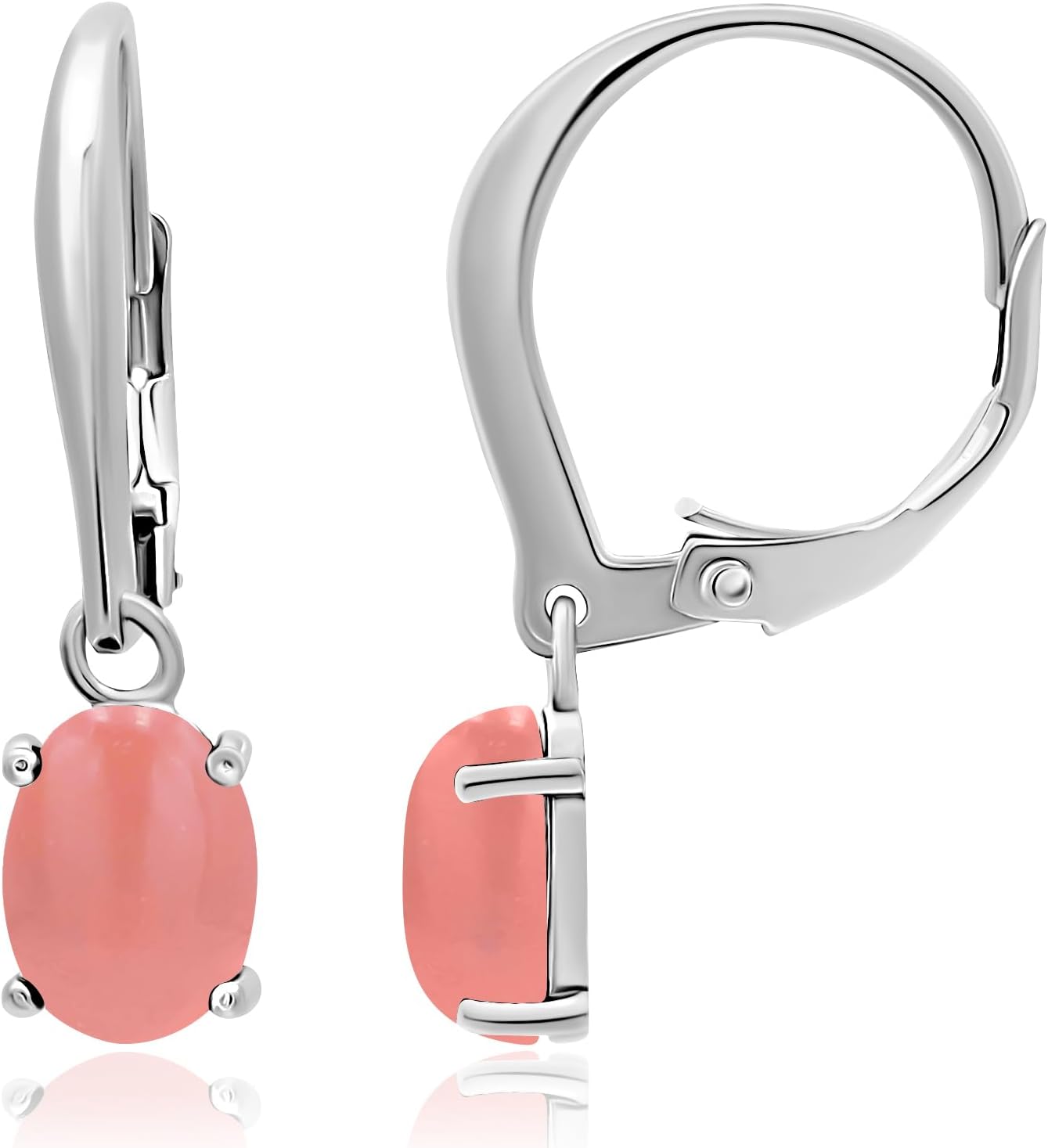 925 Sterling Silver 8x6mm Oval Shape Genuine or Simulated Gemstone Leverback Drop Dangle Earrings, Pink Coral