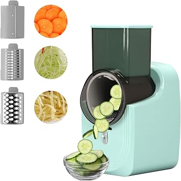 Mandoline Vegetable Potato Slicer, Electric Slicers and Vegetable Cutters, Vegetable Salad Chopper with 3 Blades Cheese Grater Rotary for Easy Veggie, Fruit Slicing Green