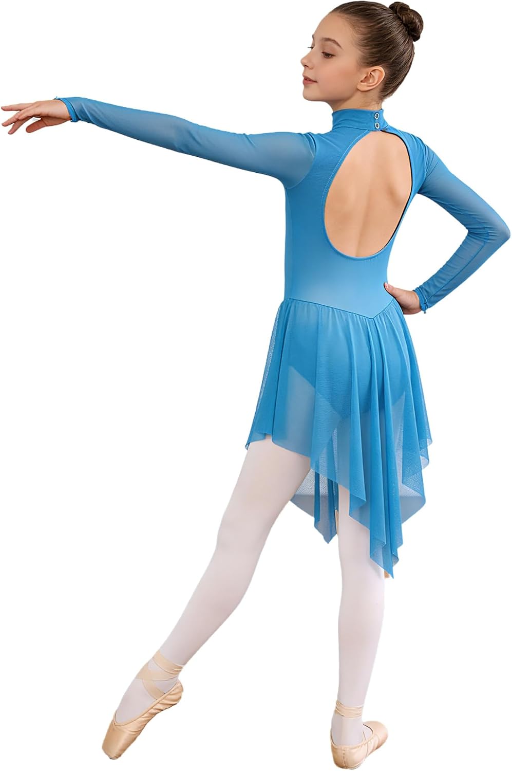 Girls Figure Ice Skating Dress Contemporary Lyrical Ballet Skirted Leotard Long Sleeve Mesh Competition Costume
