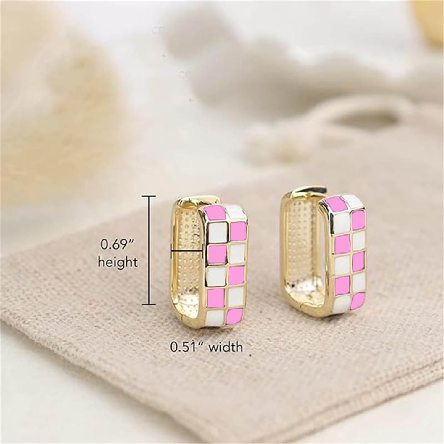 Checkered Chunky Oval Hoop Earrings for Women 14K Gold Minimalist Tiny White Black Enamel Round Circle Checker Earrings Fashion Trendy Jewelry Christmas Gifts image 2