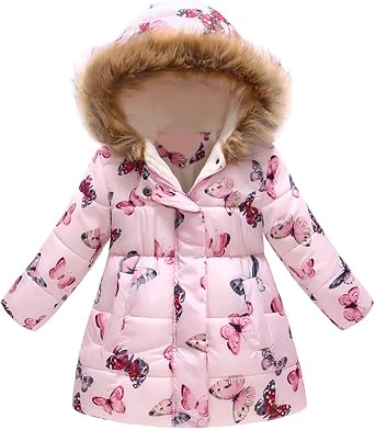 ODIZLI Kids Girls Boys Light Puffer Floral Print Faux Fur Hoodie Zip Up Fleece Fall Winter Jacket