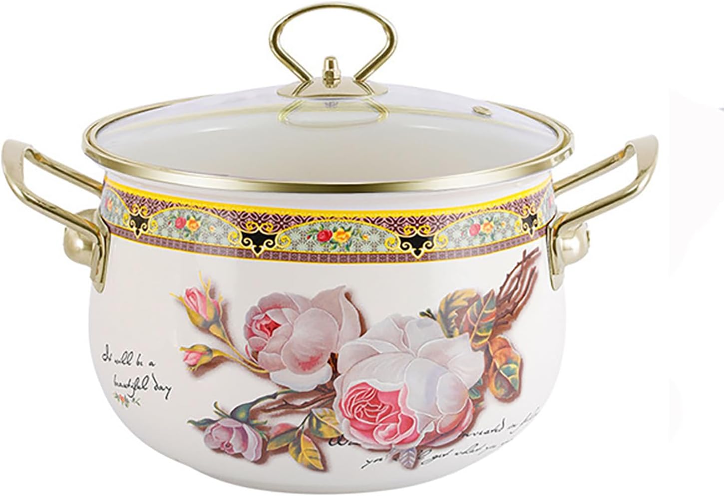Nonstick Saucepan with Glass Lid Flower Enamel on Steel Cooking Pot with Lid, Vintage Thicken Soup Pot with Handles for stovetop, Oven Safe, Gift for Housewarming Wedding Birthday,22CM