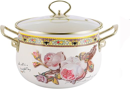 Nonstick Saucepan with Glass Lid Flower Enamel on Steel Cooking Pot with Lid, Vintage Thicken Soup Pot with Handles for stovetop, Oven Safe, Gift for Housewarming Wedding Birthday,22CM