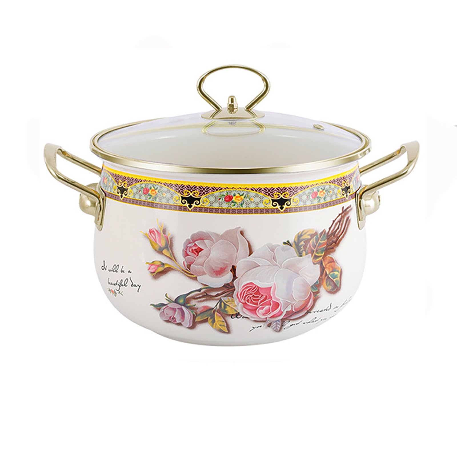 GFHVDC Vintage Flower Enamel Cooking Pot With Glass Lid - 5.5L Nonstick Saucepan, Oven Safe, For All Stovetops