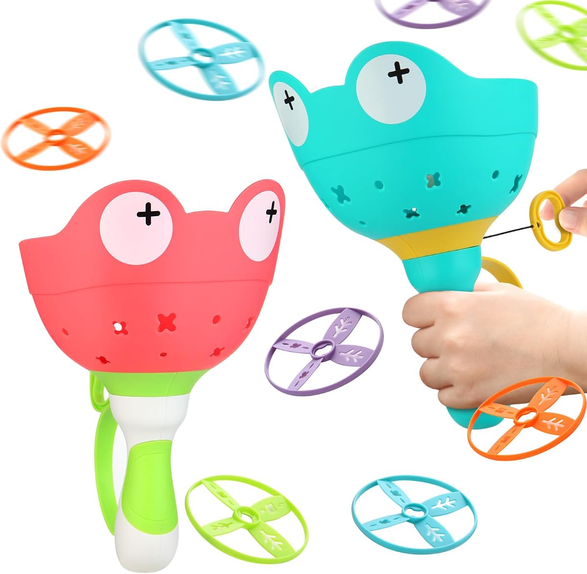 Outdoor Flying Disc Launcher Toys for Kids Ages 4-8 (Red & Green) | Manual Capture Toys Catching Outdoor Games, Outside Toys for Toddlers Christmas Easter Birthday Children's day Gifts