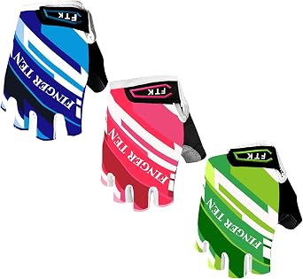 FINGER TEN Kids Junior Cycling Gloves Outdoor Sport Road Mountain Bike, Fit Boy Girl Youth Age 2-11, Gel Padding Bicycle Half Finger Pair