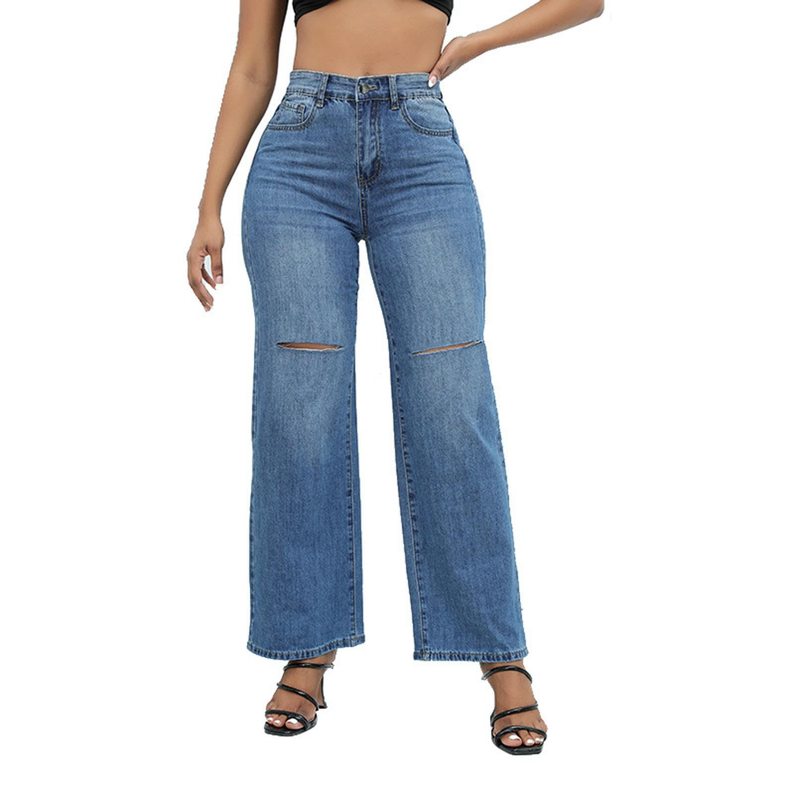 Jeans da Donna Strappati Elasticizzati - Boyfriend A Vita Alta Gamba Larga Donna-Blu Scuro-XL