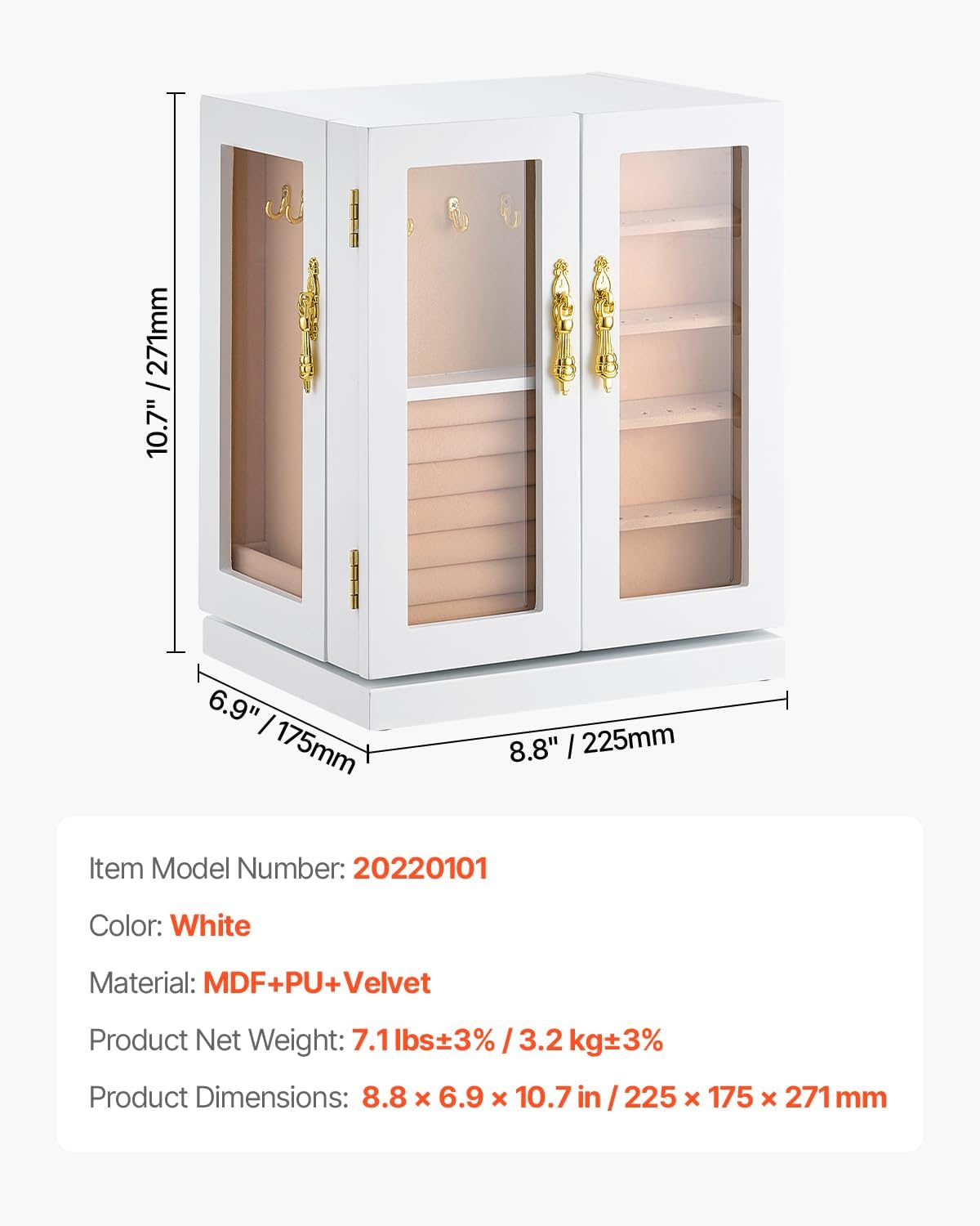 VEVOR Jewelry Box, 360° Rotating Jewelry Organizer with 5 Drawers, Acrylic Window, 4 Necklace Hooks on Each Side, Spacious Storage Case with Metal Handles, Bottom Pad and Soft Velvet Lining, White