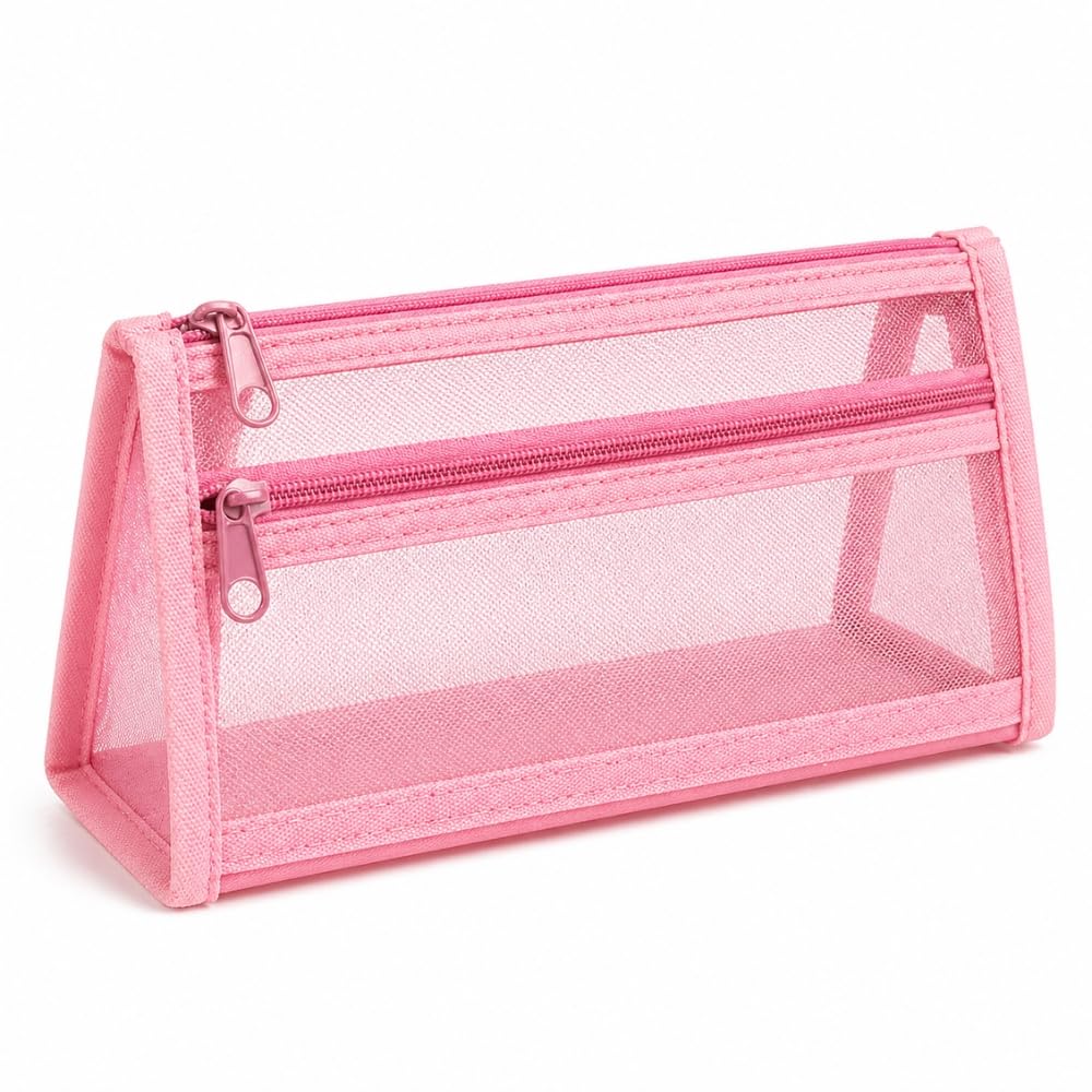 Mesh Zipper Pencil Case with Front Pocket | Transparent Pouch for Girls | Pen & Stationery Organizer | Cosmetic & Travel Makeup Pouch for School & Office (Pink)-image-8