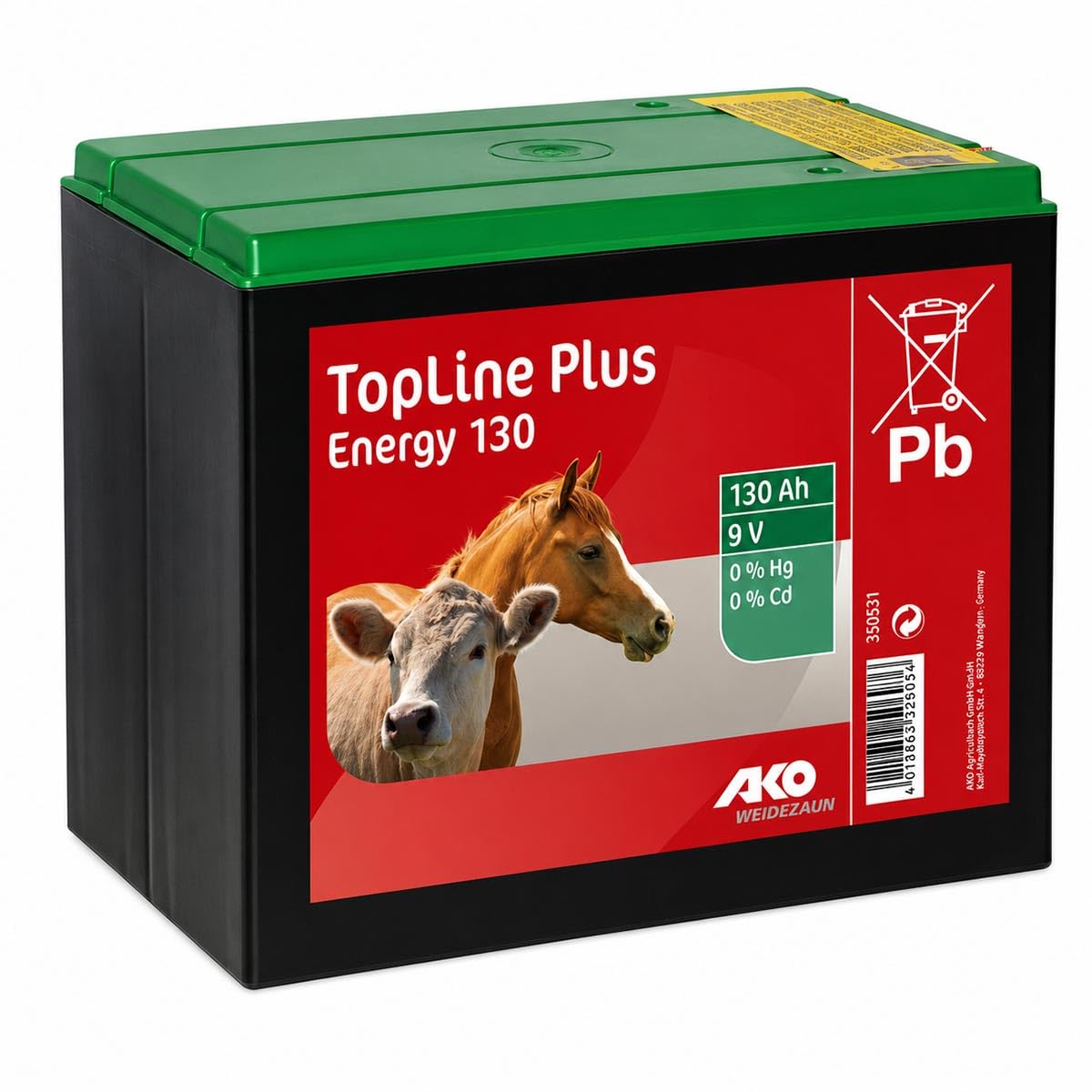 AKO Alkaline Trockenbatterie 9 Volt, 170 Ah, Weidezaunbatterie, 190 x 125 x 160 mm, kadmiumfrei, quecksilberfrei, 350528