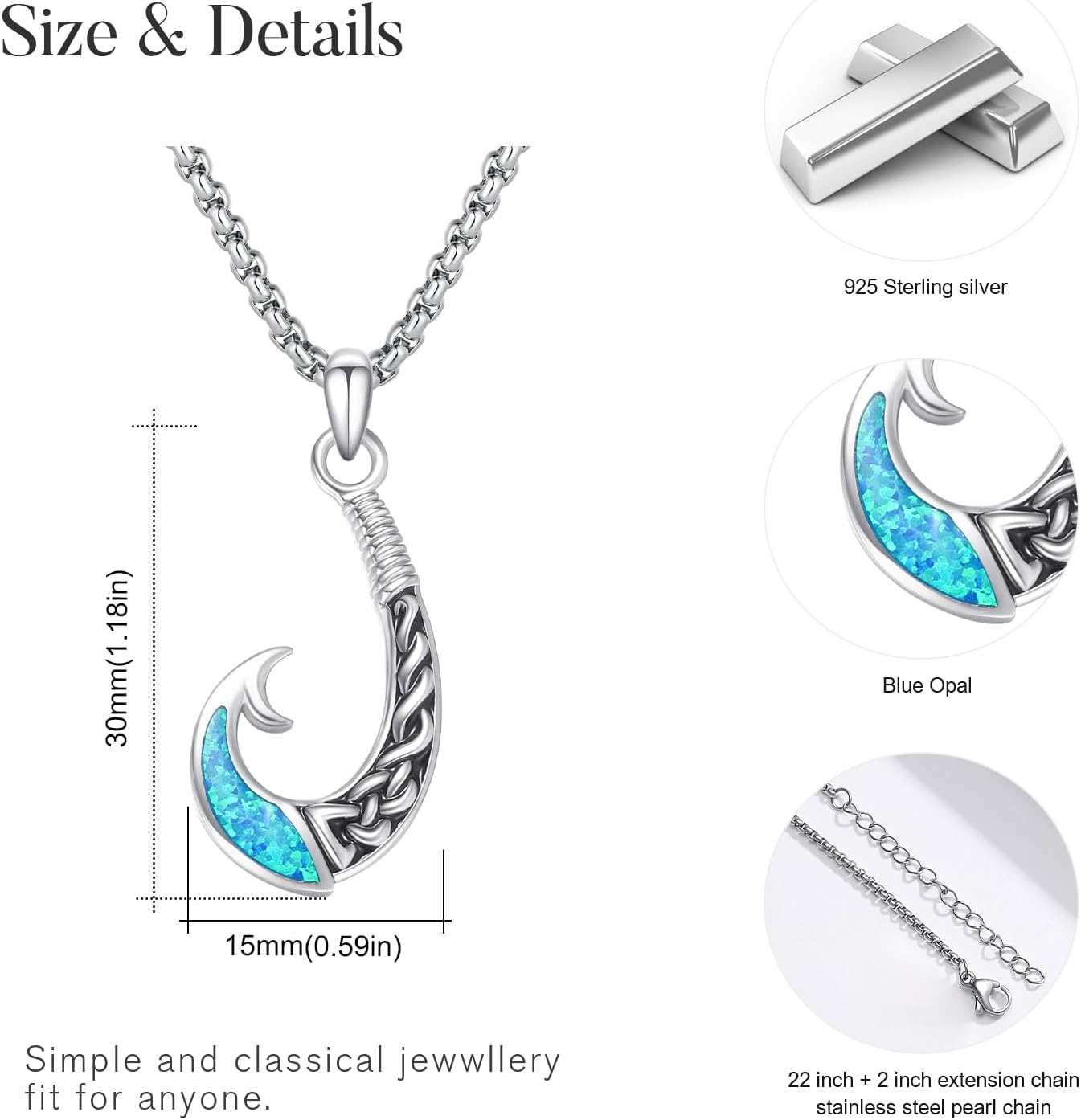 Fish Hook Necklace 925 Sterling Silver with Turquoise Opal Hawaiian Jewelry for Women Men Unisex Protection Gift for Birthday Valentine Day