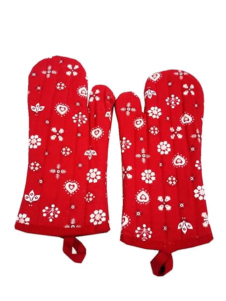 HOMEFLY Red Color Printed Design Cotton Micro Oven Hand Glove - Pack of 2pcs