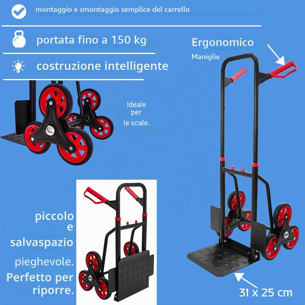 Carrello per scale da 150 kg, impilabile, carrello per il trasporto delle scale, pieghevole, colore: nero