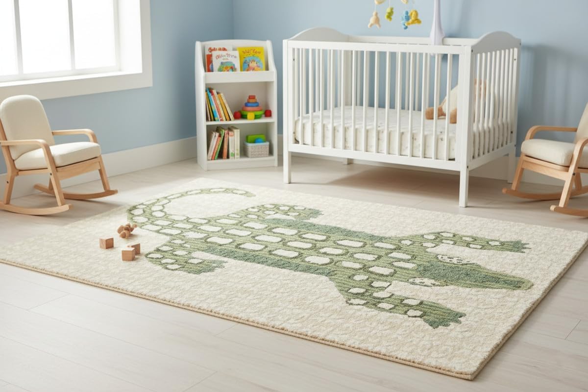 Hand-Tufted Wool Area Rug - Playful Alligator Design (7x10 Ft) - Soft & Plush Texture - Beige and Green - Luxury Accent Rug for Bedroom, Living Room, Nursery, and Playroom