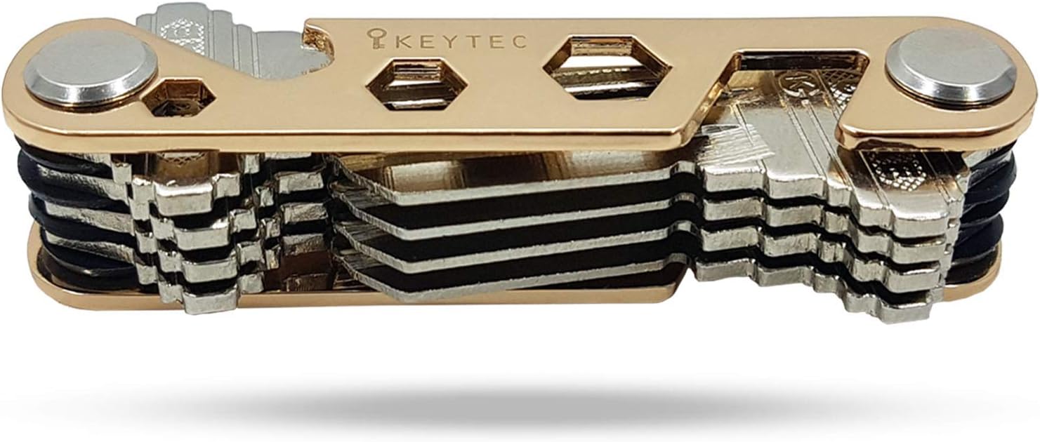 Compact Key Organizer by (12-16 keys) - Premium Key Holder with Built-In Tools - Bottle Opener/Phone Stand - Gold Frame plus Anti Loosening Washer - Great Gift (Gold)