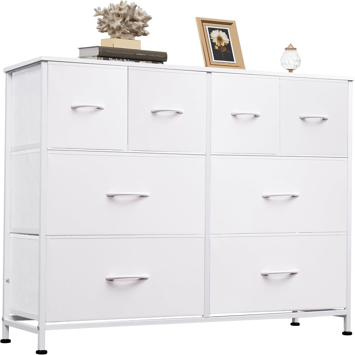 WLIVE Wide Dresser for Bedroom, 8 Drawer Chest of Drawers, White | 8 roomy fabric drawers, Wide storage design, Bedroom or closet use, Sturdy steel frame, Smooth wood tabletop