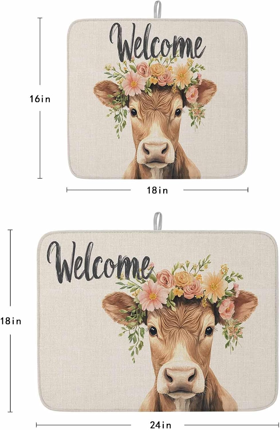 Dish Drying Mat Set of 2 Farm Cattle Microfiber Absorbent Reusable Washable Dish Drying Rack Mat Spring Garland Coffee Mat for Coffee Maker Bar Kitchen Countertops 18x24inch