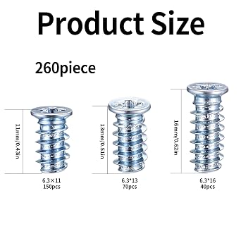 260 Pcs Euro Screws for Hinges, Flat Head Cabinet Screws, 3 Sizes