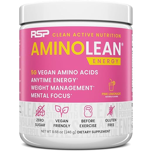 RSP NUTRITION AminoLean Pre Workout Powder, Amino Energy & Weight Management with BCAA Amino Acids & Natural Caffeine, Preworkout Boost for Men & Women, 30 Serv, Pink Lemonade