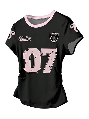SHENHE Girl's Cute Bow Shirt Graphic Crew Neck Ruched Fitted Short Sleeve Crop Tee Top