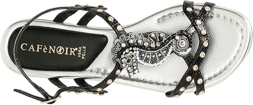 Sandali Donna CafèNoir In Similpelle Effetto Craquelet - Con Cavalluccio E Borchie, Tacco 2 Cm, Colore Nero