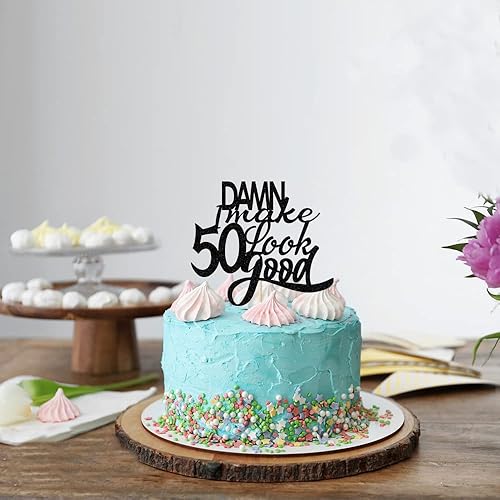 Vista 3 de ¡Maldita sea! I make 50 look good Cake Topper, Black Glitter Happy 50th Birthday Cake Topper, Cheers to 50 Years – 50th Anniversary Party Decor