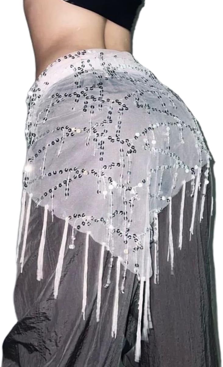Women Y2K Lace Wrap Skirt Sequin Tassel Triangle Hip Scarf Tie Waist Chain Belt Sheer Mesh Floral Festival Cover Up