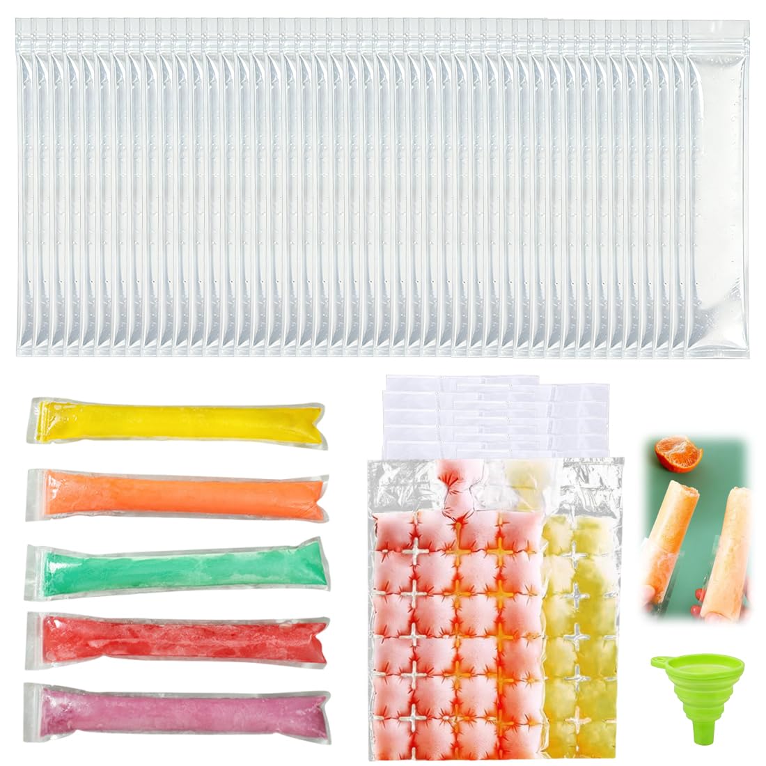 Bolsas para Helados y Paletas | Kit DIY 100 Bolsas + 1 Embudo Plegable + 10 Bolsas Hielo (240 Cubitos), Sin BPA para Polos Flash Caseros, Zumo y Yogurt.