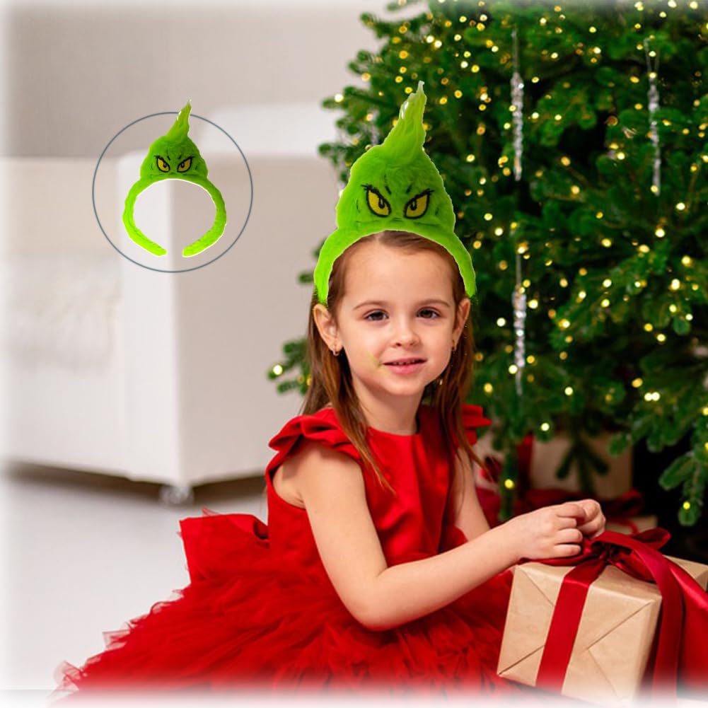 Christmas Green Santa Headband,Furry Santa Hat headband,Green Monster Xmas Headband Gifts for Adult Men Women