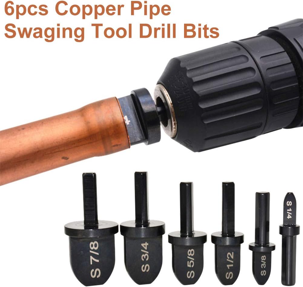 6pcs Swaging Tool Drill Bit Set Professional Manual Copper Pipe Swaging Tool Drill Bit Repairing Set with 1/4, 3/8, 1/2, 5/8, 3/4 Bits