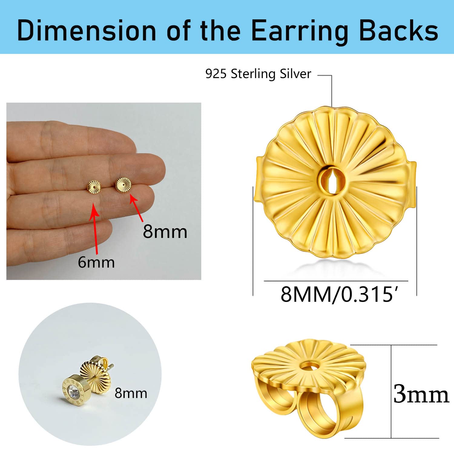 8Pcs Large Earring Backs,925 Sterling Silver Earring Backs for Studs,8mm Adjustable Hypoallergenic Earring Backs Locking Fit 0.028-0.039inch Post(Gold)