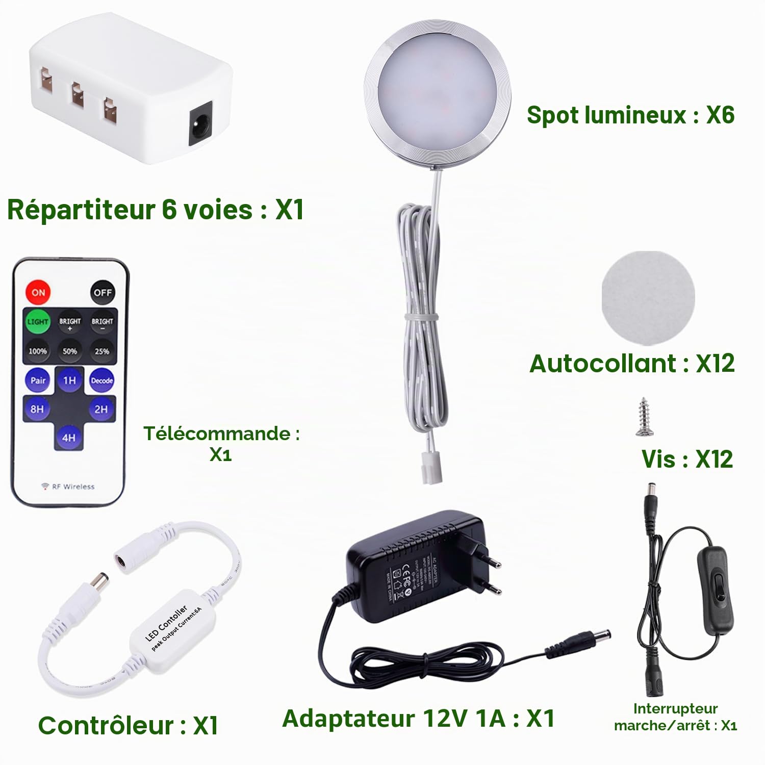AIBOO LED Lampe Sous Meuble Cuisine avec Telecommande RF Sans Fil, Rond Ultra Slim Eclairage Encastré pour Placard, Prise Européenne, 6 Paquets Lumières LED pour vitrine 12V 12W (Blanc Froide 6000K)