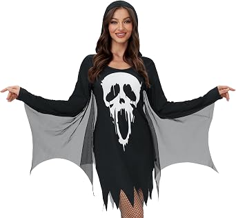 For G and PL Womens Halloween Mini Dress Hooded Long Sleeve With Bat Wing Costume XS-XXL