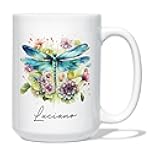 Customized Dragonfly Blue Coffee Mug - Personalized Tea Cup for Flower and Animal Lovers - Porcelain White 11oz or 15oz With Name
