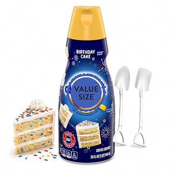 Birthday Cake Liquid Coffee Creamer, 32 fl oz Bottle, Single Pack, Sweet & Creamy Flavored Coffee Creamer for Hot or Iced Coffee with D.A. Coffee Mini Metal Shovel Spoons