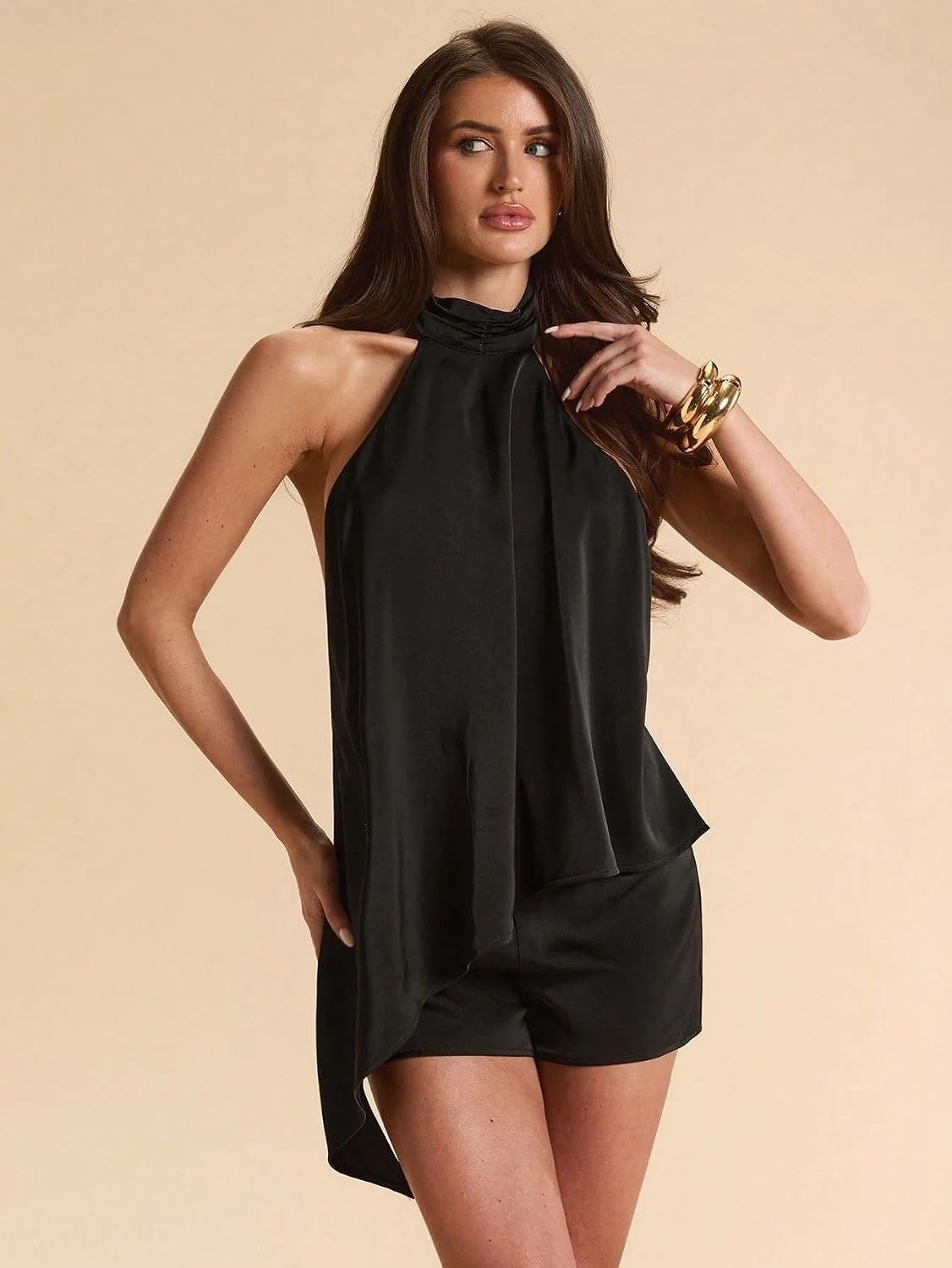 Rompers for Women Summer Solid Color High Neck Backless Satin Jumpsuit, Elegant