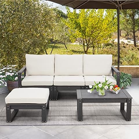Erinnyees 3PCS Outdoor Furniture Set, HDPE Modern Patio Conversation Sets, Sectional Sofa Set with Removable Cushions and Coffee Table for Balcony, Garden, Grey Cover